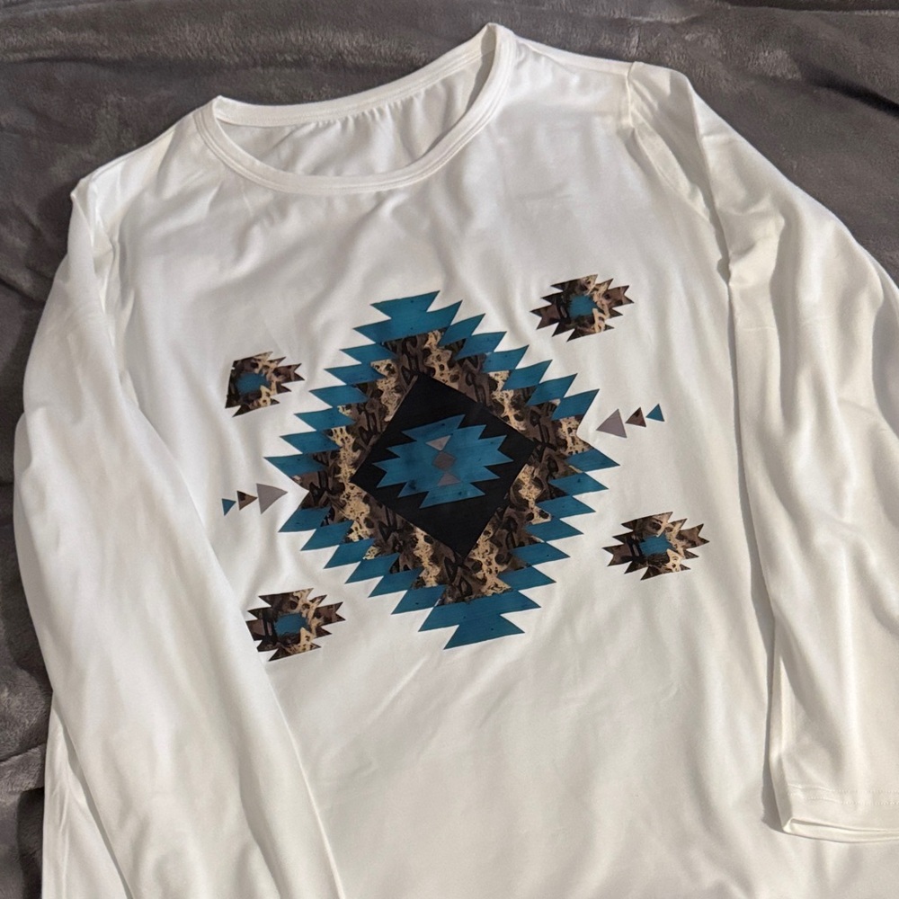 Women’s White Long Sleeve Tee with Teal Aztec Print